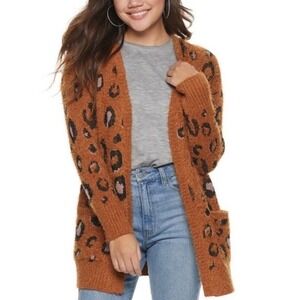 Mudd Leopard Print Cardigan Sweater Brown Pink Black Small Cozy Open Front EUC